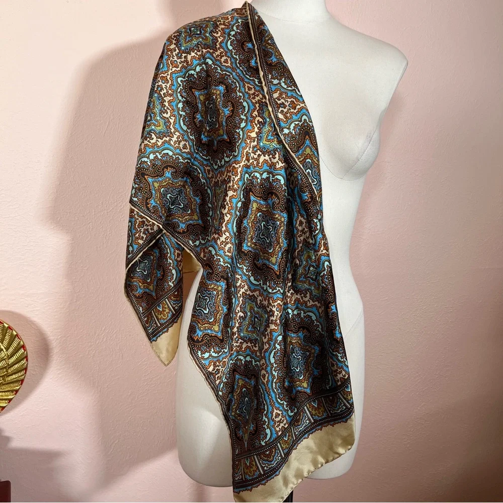 Vintage 1960 70 Burmel Mod Camel Brown blue Silk Made in Italy long Skinny Scarf
